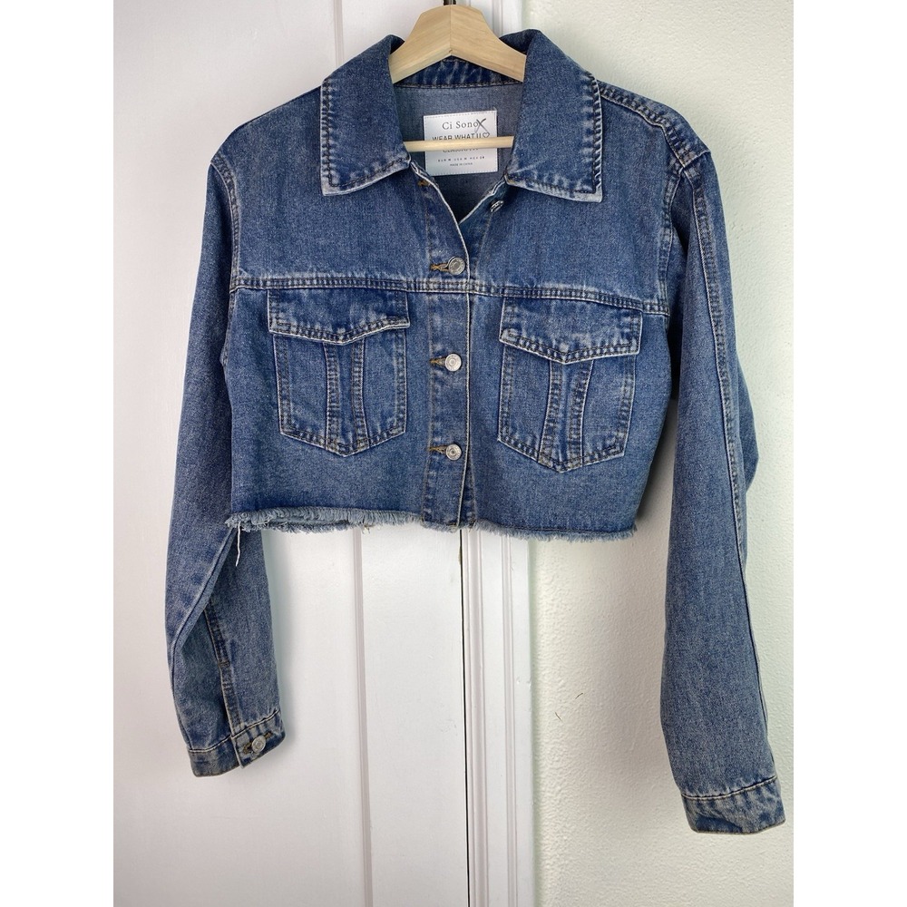 Ci Sono Women's M Classic Fit Medium Wash Raw Hem Denim Crop Jacket